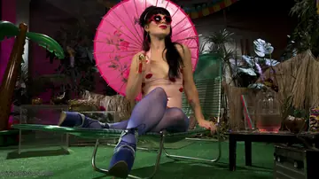 Brunette in Glasses Drips Hot Wax on Slave Before Pegging Him Outdoors