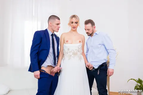 Anna Khara: Blonde Bride in Stockings Has Anal Threesome and Swallows Cum – photo 4 of 12