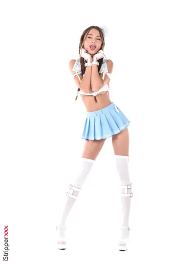 Sonya Blaze – Slim Busty Brunette in Costume Strips and Uses a Dildo