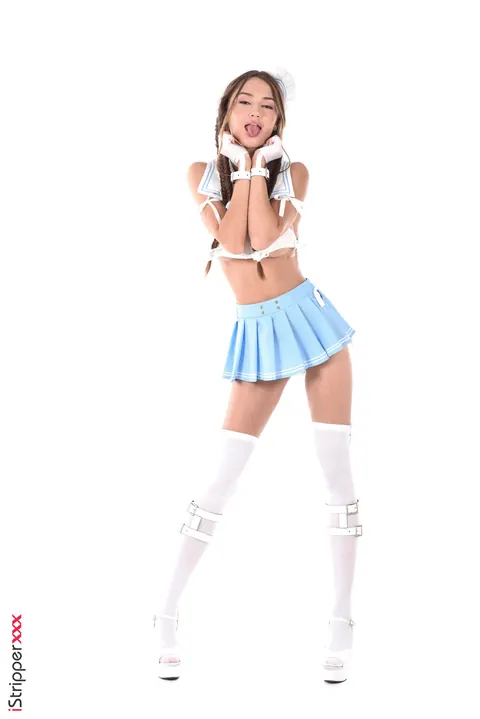 Sonya Blaze: Slim Busty Brunette in Costume Strips and Uses a Dildo – photo 1 of 15