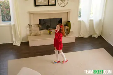 Petite Redhead in Socks Sucks, Fucks Missionary and Uses a Dildo