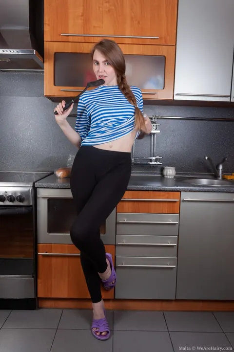 Thick Brunette Strips and Masturbates with a Dildo in the Kitchen – photo 1 of 21