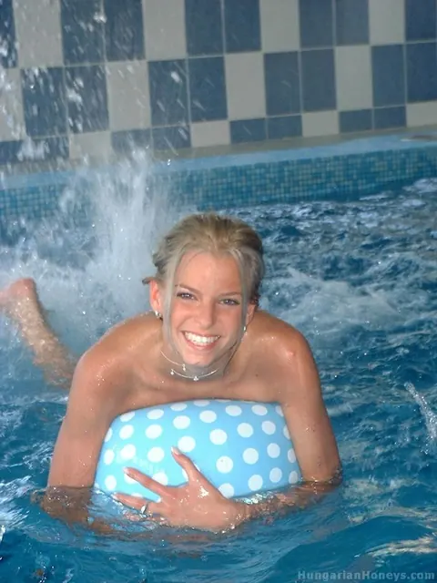 Slim Hungarian Blonde Fucks Two Guys in the Pool – photo 2 of 21