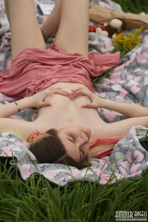 Blonde Strips Out of Her Skirt and Spreads on a Blanket Outdoors – photo 9 of 20