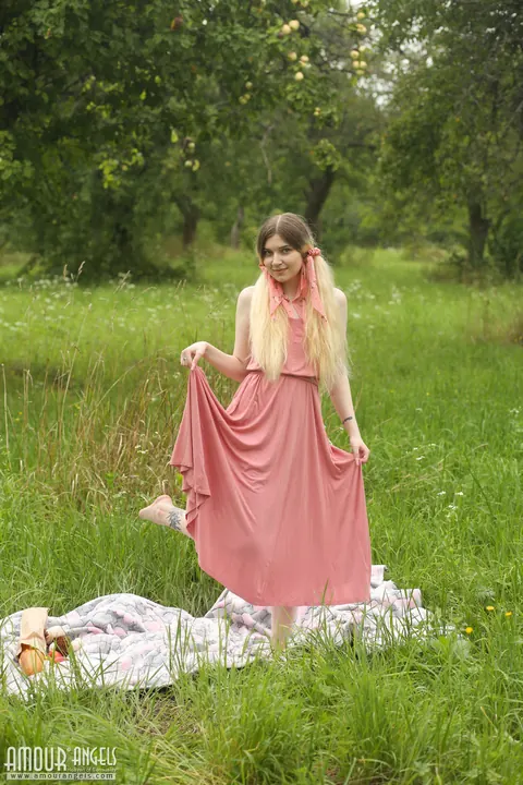Blonde Strips Out of Her Skirt and Spreads on a Blanket Outdoors – photo 1 of 20