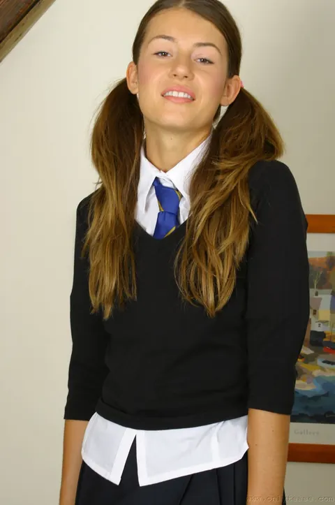 Brunette in Pigtails Strips Out of Her Uniform and Panties – photo 1 of 21