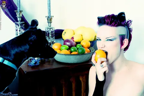 Scar 13: Tattooed Short-Haired Brunette Bites Citrus Fruit Nude – photo 2 of 15
