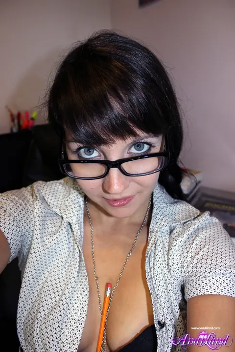 Andi Land: Slim Brunette in Lingerie and Glasses Masturbates with a Dildo – photo 3 of 15