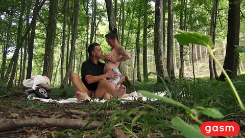 Adrienne Kiss: Chubby Redhead MILF Fucks Two Men in the Forest – photo 11 of 20