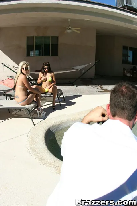 April Blossom: Busty Blonde MILF in a Bikini and Glasses Joins a Threesome Poolside – photo 7 of 21