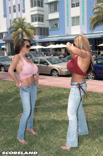 Crystal Gunns – Two Busty Brunettes Share a Dildo in Bikinis and Jeans