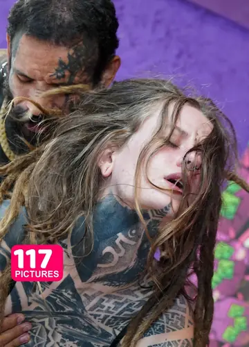 Tattooed Slim Woman in Pigtails Gives a Blowjob and Takes Anal Doggy