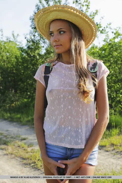 Mango A: Skinny European Brunette Crawls in Shorts Through the Forest – photo 4 of 18