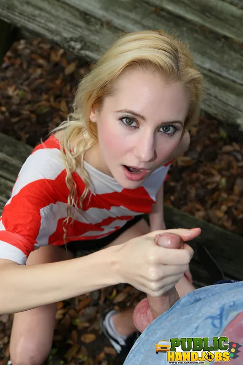 Odette Delacroix: Petite Blonde Flashes Her Tits and Gives a Handjob Outdoors – photo 10 of 20
