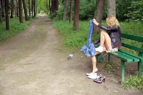 Summer Breeze: Slim Blonde with Big Tits Spreads Her Shaved Pussy on a Park Bench – photo 2 of 16