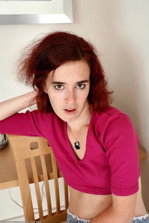 Short-Haired Redhead Pulls Aside Her Panties and Spreads Her Hairy Pussy – photo 1 of 21