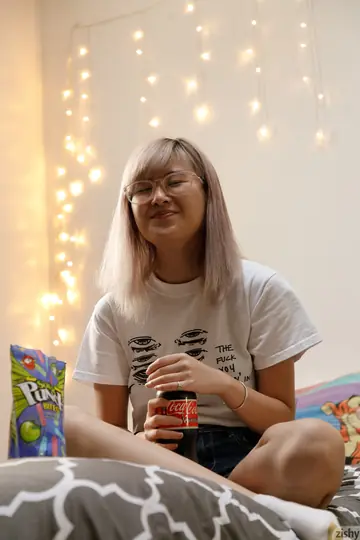 Petite Asian Blonde Strips and Spreads Her Hairy Pussy in the Bedroom