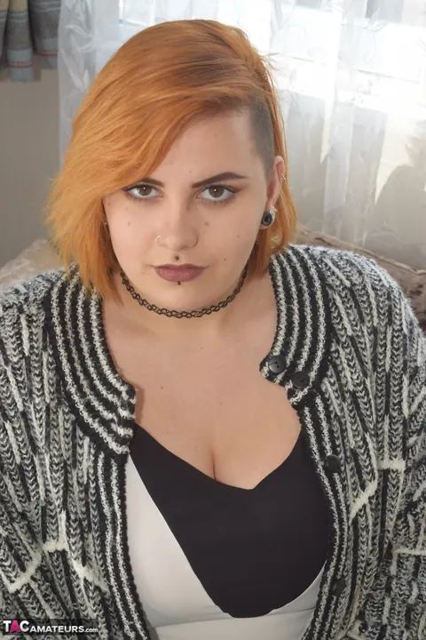 Chubby Redhead MILF Strips Out of Her Lingerie on the Sofa – photo 2 of 20