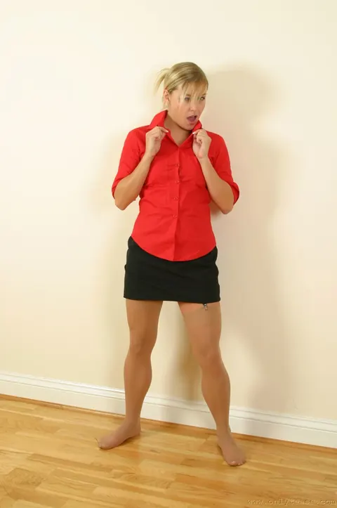 Karen Wood: British Blonde in Uniform Stockings Spreads Her Trimmed Pussy – photo 11 of 21