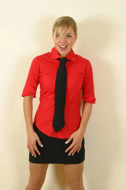 Karen Wood: British Blonde in Uniform Stockings Spreads Her Trimmed Pussy – photo 3 of 21