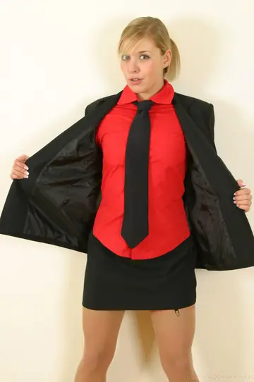 Karen Wood – British Blonde in Uniform Stockings Spreads Her Trimmed Pussy