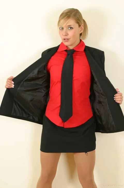Karen Wood: British Blonde in Uniform Stockings Spreads Her Trimmed Pussy – photo 1 of 21
