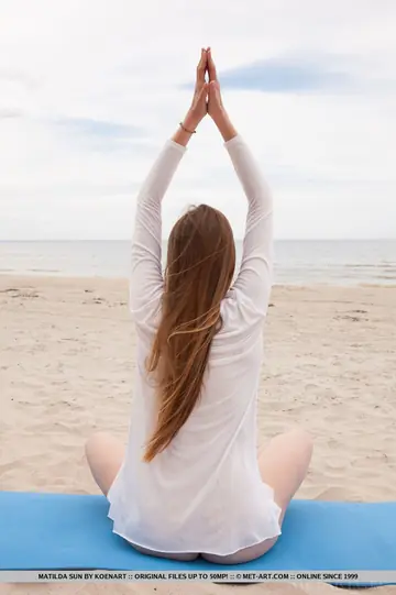 European Woman with Natural Tits Does Yoga and Spreads on the Beach