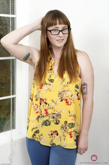 Thick Redhead in Glasses Pulls Panties Aside and Spreads Her Hairy Pussy