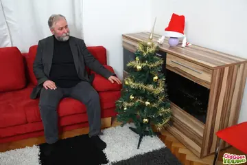 Czech Brunette Fucks an Older Man and Takes Cum on Hairy Bush for Xmas