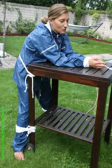 Thick MILF Bound to Table Outdoors with Panties on Face
