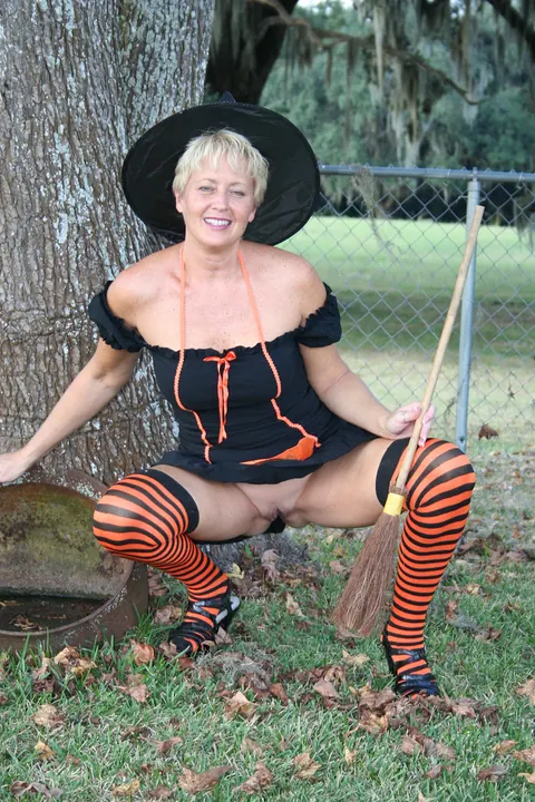Tracy Lick: Tall Blonde MILF Uses a Dildo Outdoors in Stockings for Halloween – photo 5 of 20