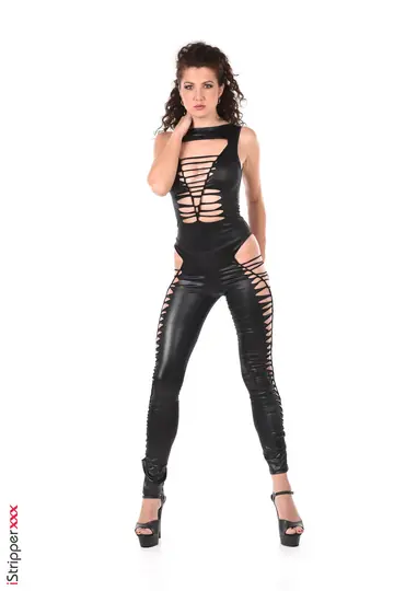 Tall Brunette with Big Tits Strips Out of Latex and Leather