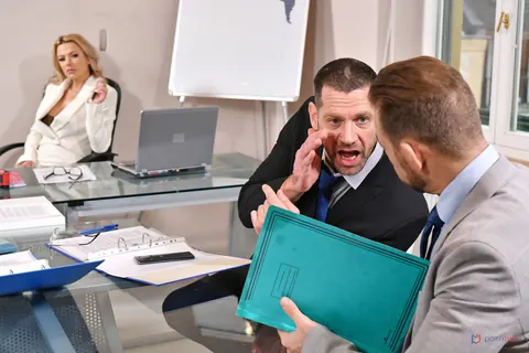 Shalina Divine: Blonde in the Office Uniform and Stockings Takes Anal in a Group – photo 6 of 21