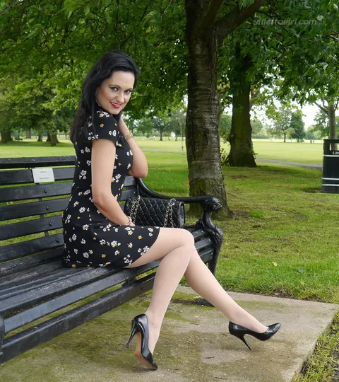 Bonnie Bellotti: Busty Brunette Dangles Her Stilettos from Hose-Covered Feet Outdoors – photo 10 of 16