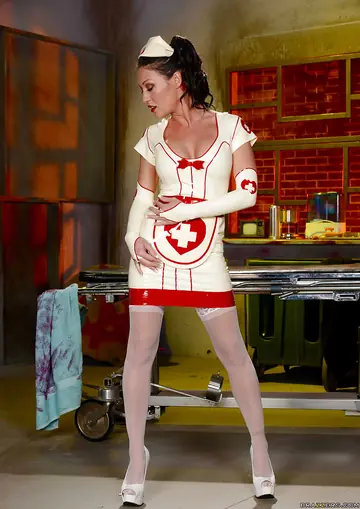 Brunette Strips Out of Her Latex Nurse Uniform