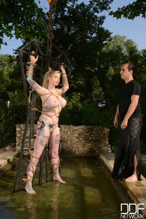Belle Black: Bound Blonde with Big Tits Spreads in Panties Outdoors – photo 10 of 21