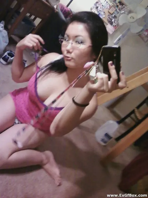 Short-Haired Asian Babe with Big Tits Spreads in Front of a Mirror – photo 7 of 20