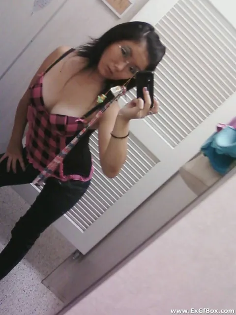Short-Haired Asian Babe with Big Tits Spreads in Front of a Mirror – photo 6 of 20