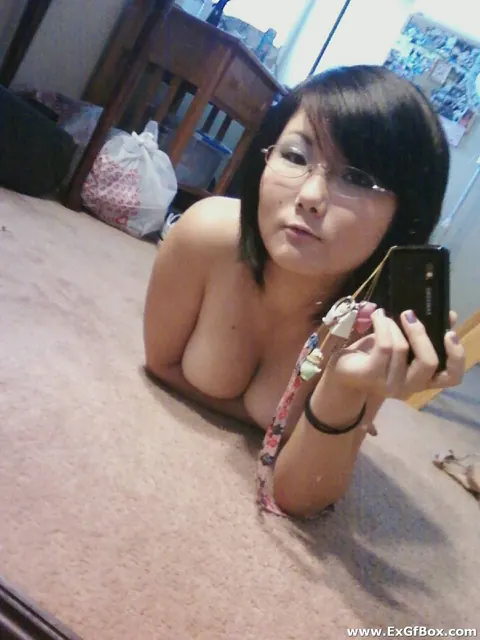 Short-Haired Asian Babe with Big Tits Spreads in Front of a Mirror – photo 19 of 20