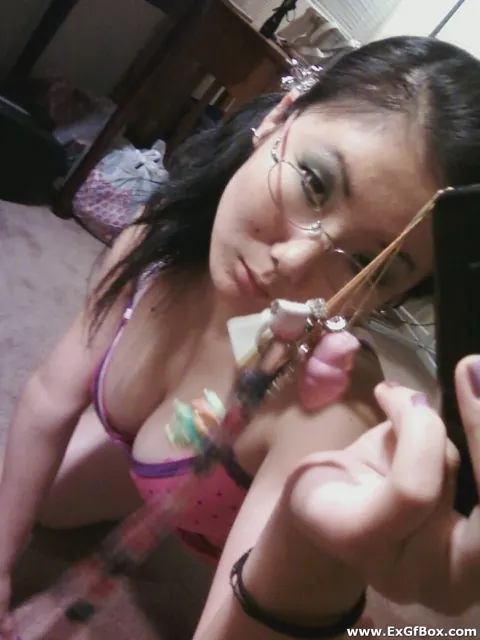 Short-Haired Asian Babe with Big Tits Spreads in Front of a Mirror – photo 8 of 20