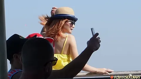 Frankfurter Titten: Petite Redhead PAWG Poses in a Yellow Top and Denim Shorts Outdoors – photo 6 of 20