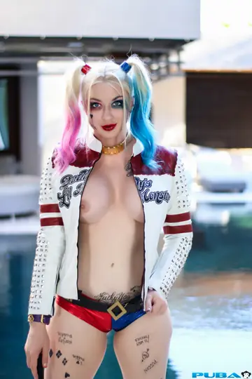 Blonde PAWG Poses Topless in Cosplay Costume Outdoors