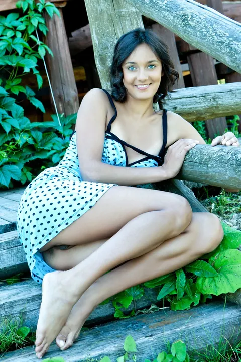 Chandra A: Petite Curly Brunette Spreads Her Hairy Pussy Outdoors – photo 8 of 20