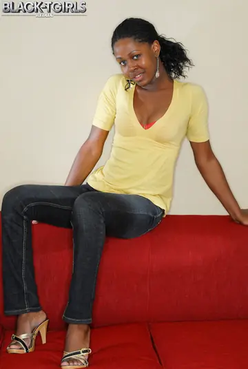 Thick Ebony Trans Woman Strips Out of Her Jeans and Shows Her Cock