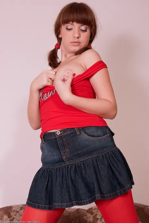 Busty Redhead in Pigtails Spreads in Stockings and Skirt – photo 6 of 21