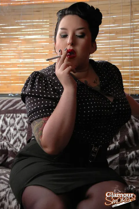 BBW Brunette Poses in Stockings and Skirt with a Cigarette – photo 8 of 15
