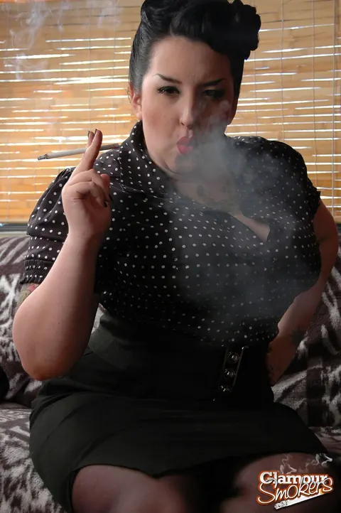 BBW Brunette Poses in Stockings and Skirt with a Cigarette – photo 11 of 15