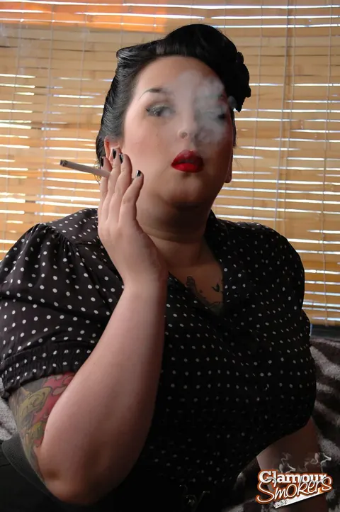 BBW Brunette Poses in Stockings and Skirt with a Cigarette – photo 5 of 15