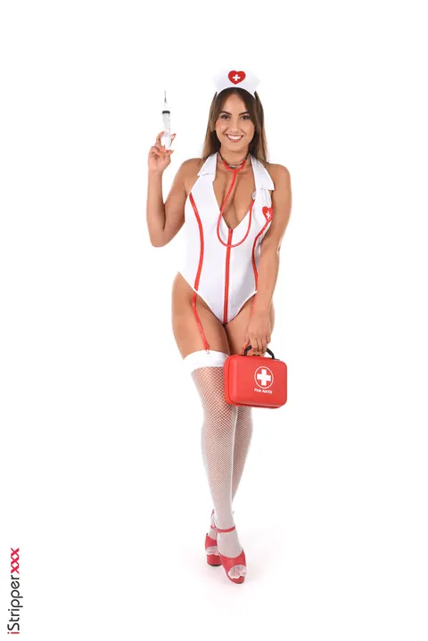 Busty Brunette Nurse in High Heels Spreads Her Shaved Pussy – photo 1 of 15