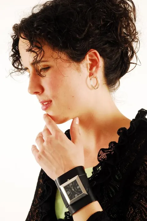 Brunette Woman Poses with Hair Up Wearing a Watch – photo 5 of 16